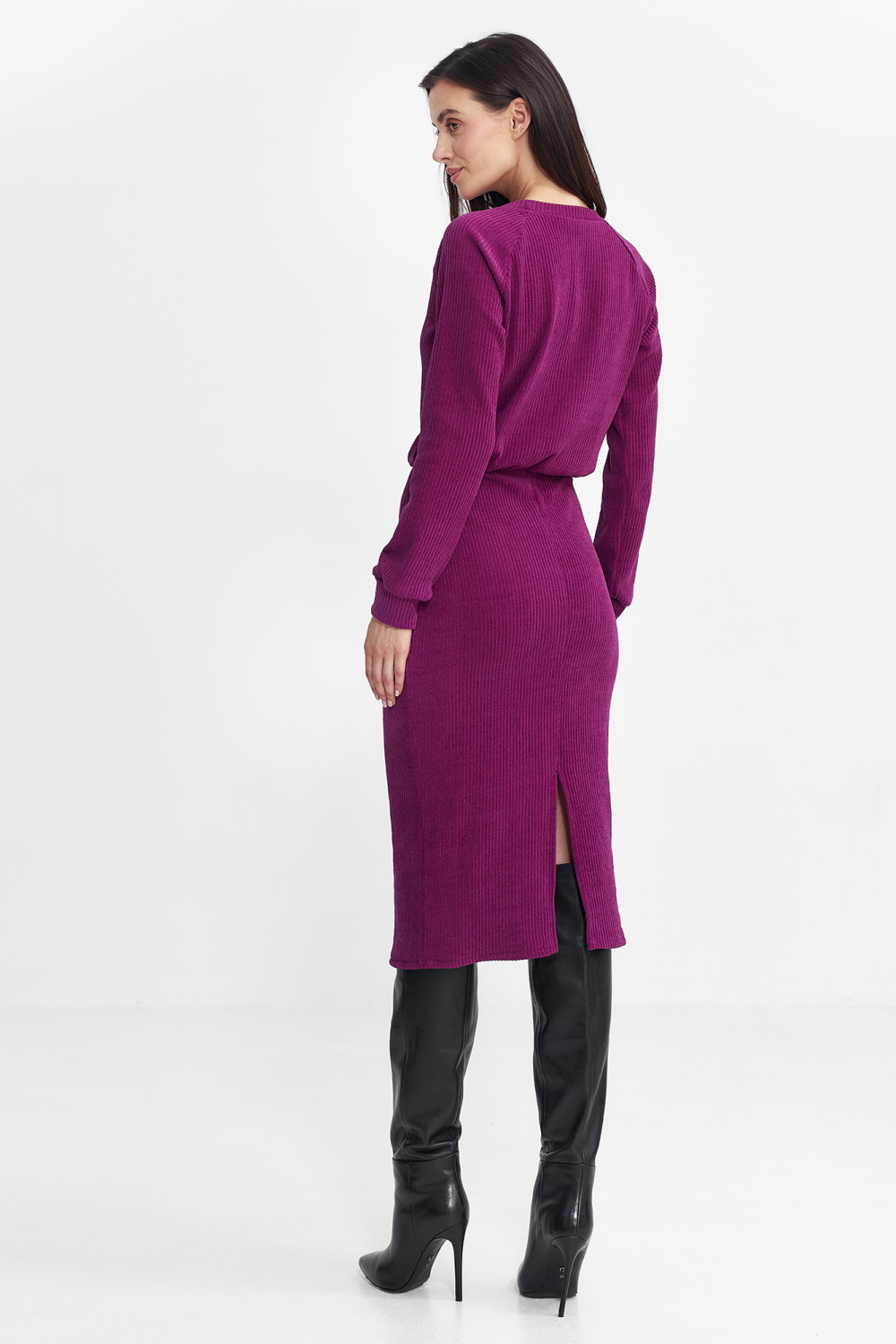 Sukienka z dzianiny prążkowanej z długim rękawem S260 Puprpura - Nife — zdjęcie 3