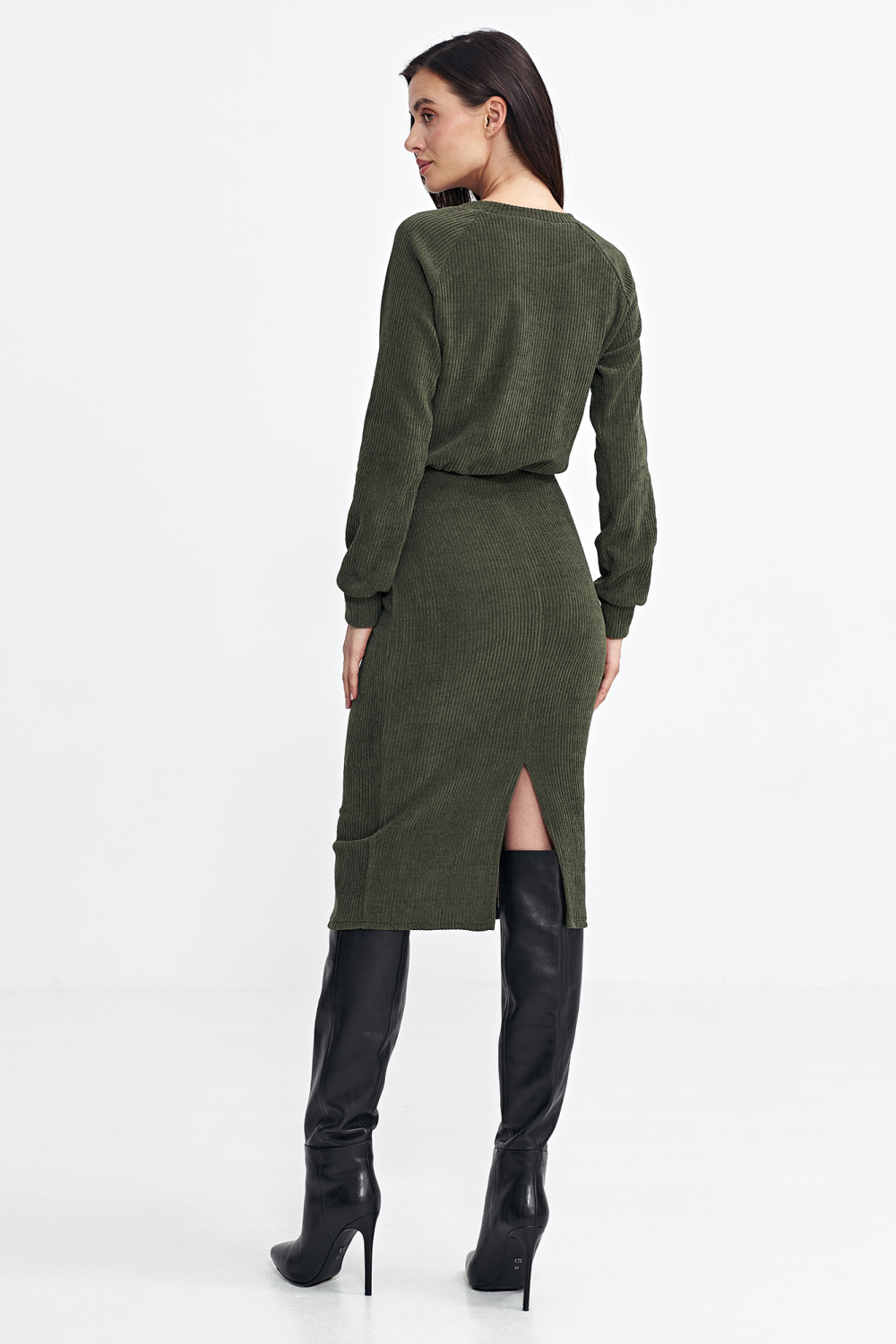 Sukienka z dzianiny prążkowanej z długim rękawem S260 Green - Nife — zdjęcie 3