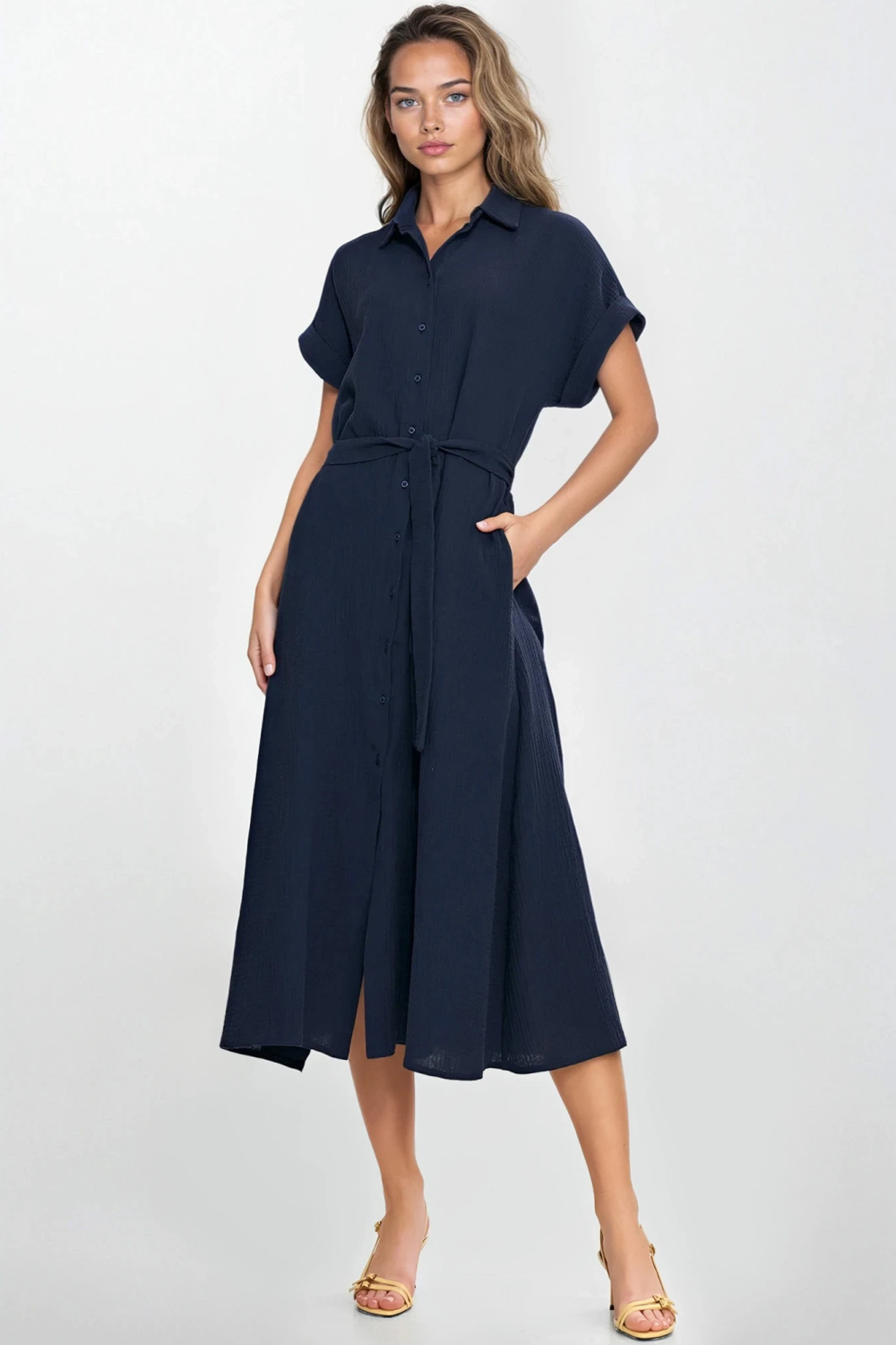 Sukienka Bawełniana muślinowa sukienka koszulowa S269 Navy - Nife — zdjęcie 2