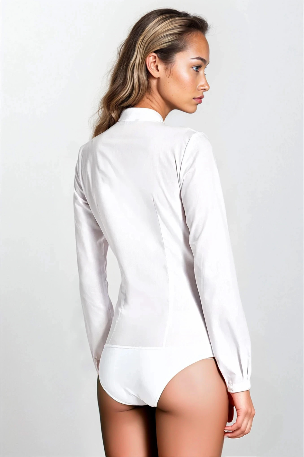 Biała koszula body bez kołnierzyka K55 White - Nife — zdjęcie 3