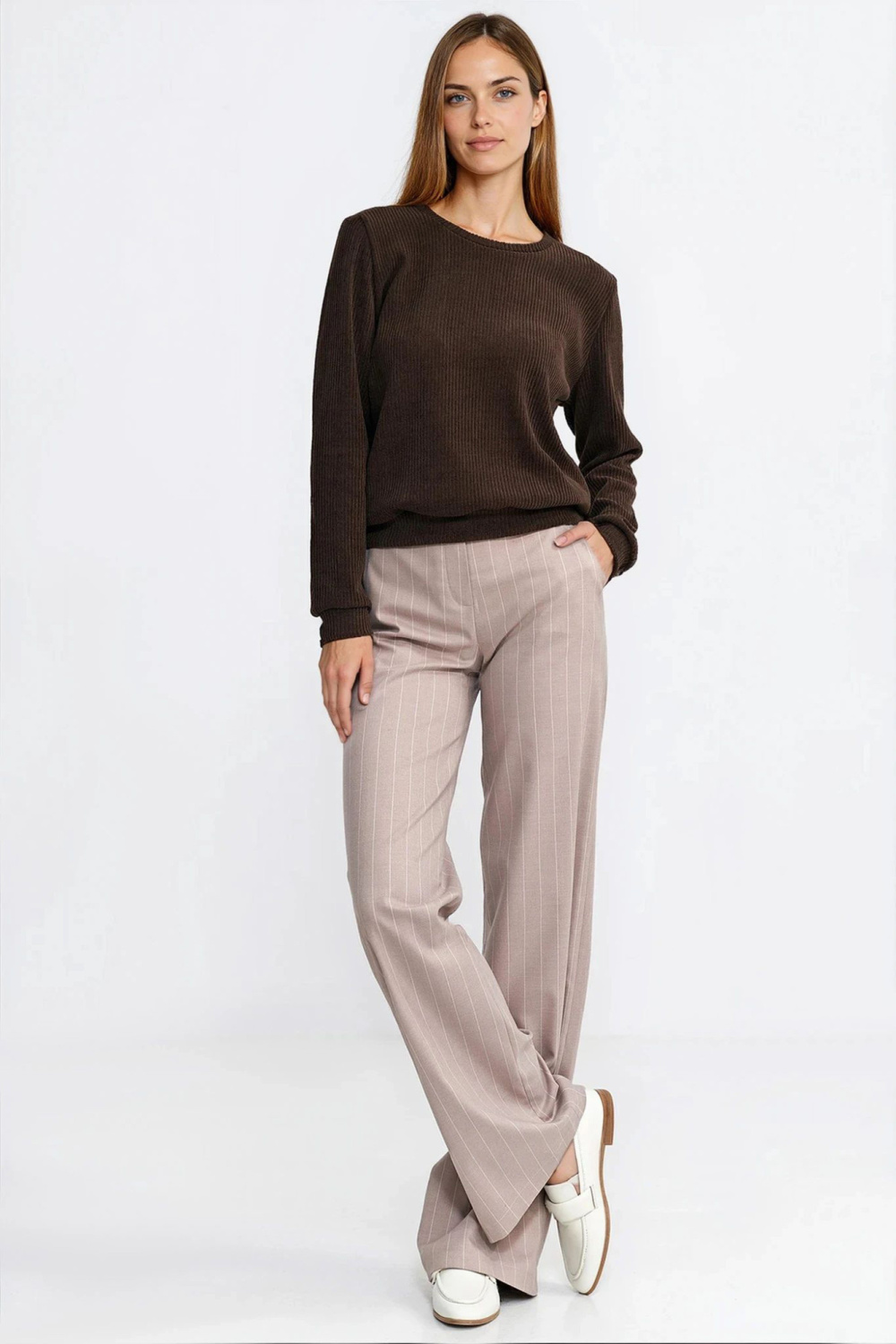 Bluza z dzianiny prążkowanej z długim rękawem BL13 Brown - Nife — zdjęcie 2