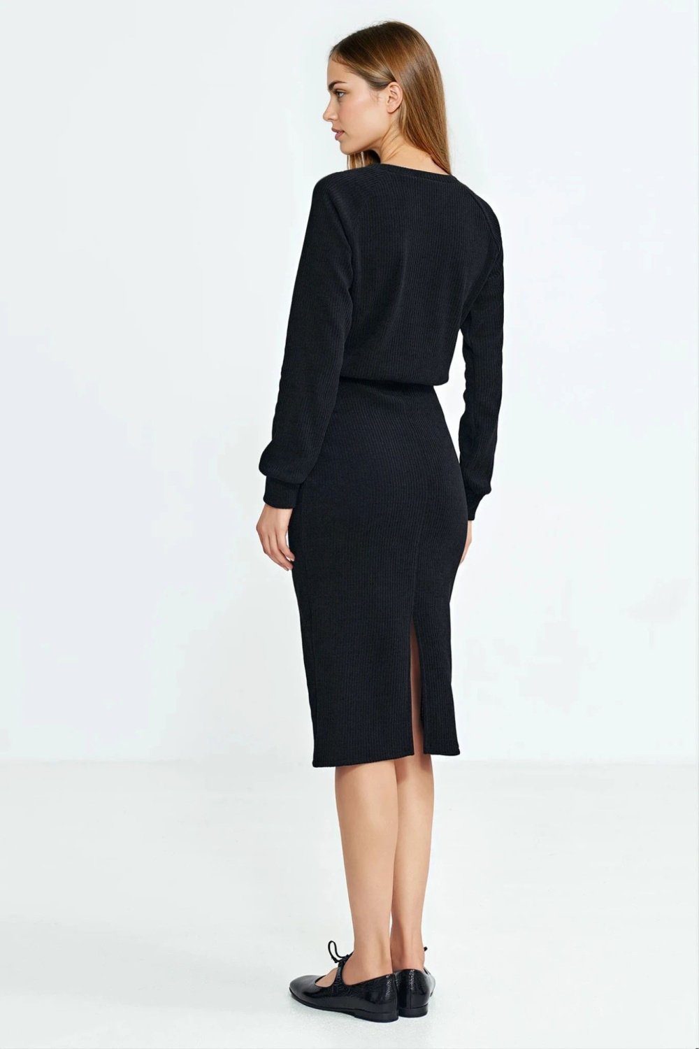Sukienka z dzianiny prążkowanej z długim rękawem - czarny - Nife — zdjęcie 2