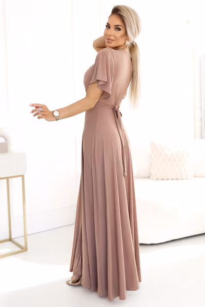 Sukienka Model Jennifer 581-4 Mocha Mousse Brokat - Numoco — zdjęcie 2