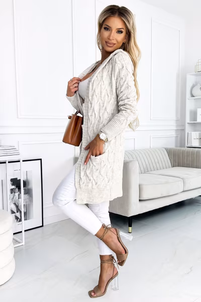 Sweter Kardigan Model 491-1 Beige Warkocz - Numoco — zdjęcie 2