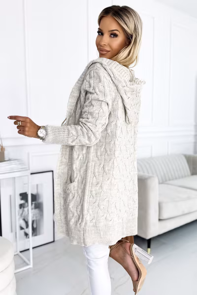 Sweter Kardigan Model 491-1 Beige Warkocz - Numoco — zdjęcie 3