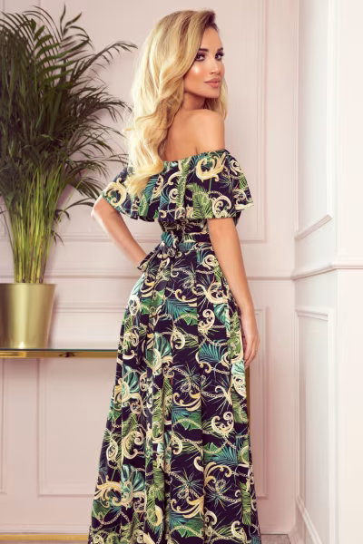 Sukienka Model 194-4 Zielone Liście/Złote Łańcuszki - Numoco — zdjęcie 3