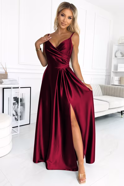 Sukienka Model Chiara 299-13 Bordo Satyna - Numoco — zdjęcie 1