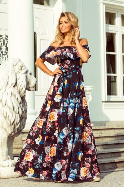 Sukienka Model 194-3 Black/Flowers - Numoco — zdjęcie 1