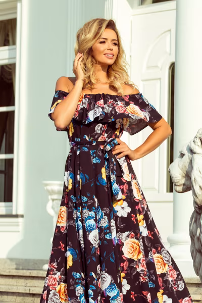 Sukienka Model 194-3 Black/Flowers - Numoco — zdjęcie 2