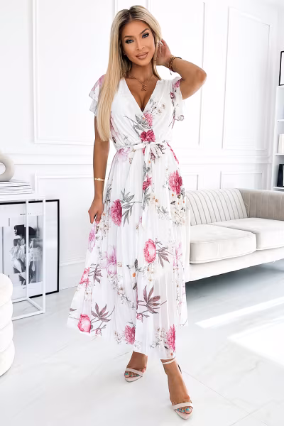 Sukienka Model 434-6 Lisa Flowers/White - Numoco — zdjęcie 1