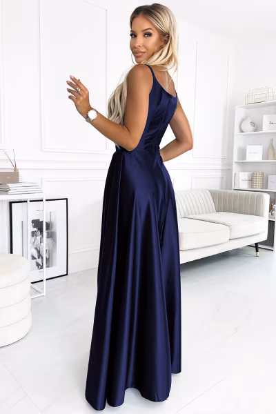 Sukienka Model Chiara 299-12 Navy Satyna - Numoco — zdjęcie 2