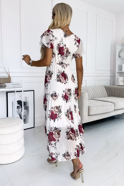 Sukienka Model Lisa 434-8 Ecru/Bordo Flowers - Numoco — zdjęcie 2