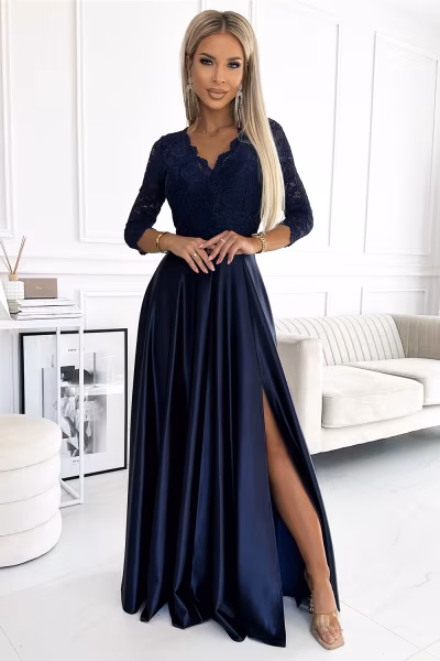 Sukienka Model Amber 309-7 Navy Satyna - Numoco — zdjęcie 1