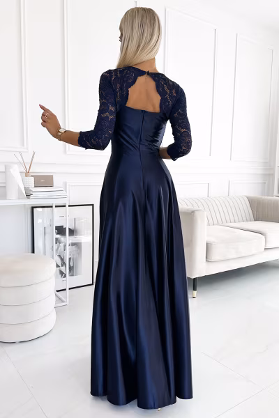 Sukienka Model Amber 309-7 Navy Satyna - Numoco — zdjęcie 2