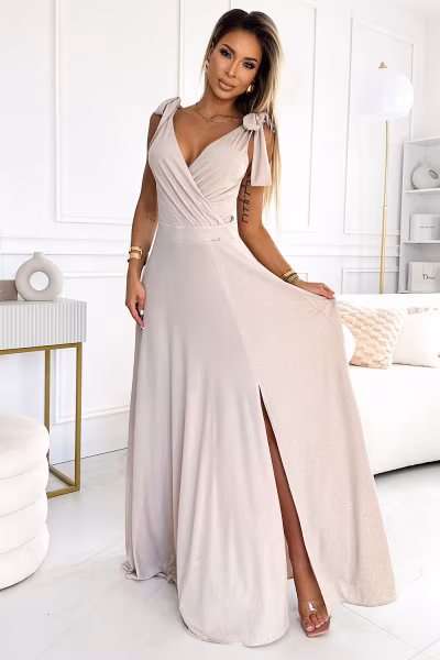 Sukienka Model 405-6 Elena Beige Brokat - Numoco — zdjęcie 1