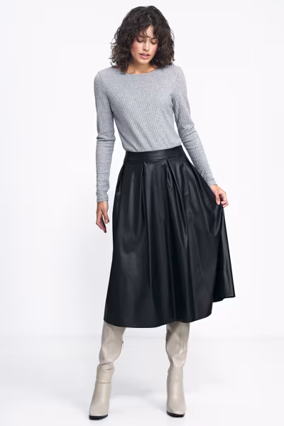 Spódnica Czarna spódnica midi z ecoskóry SP71 Black - Nife — zdjęcie 2