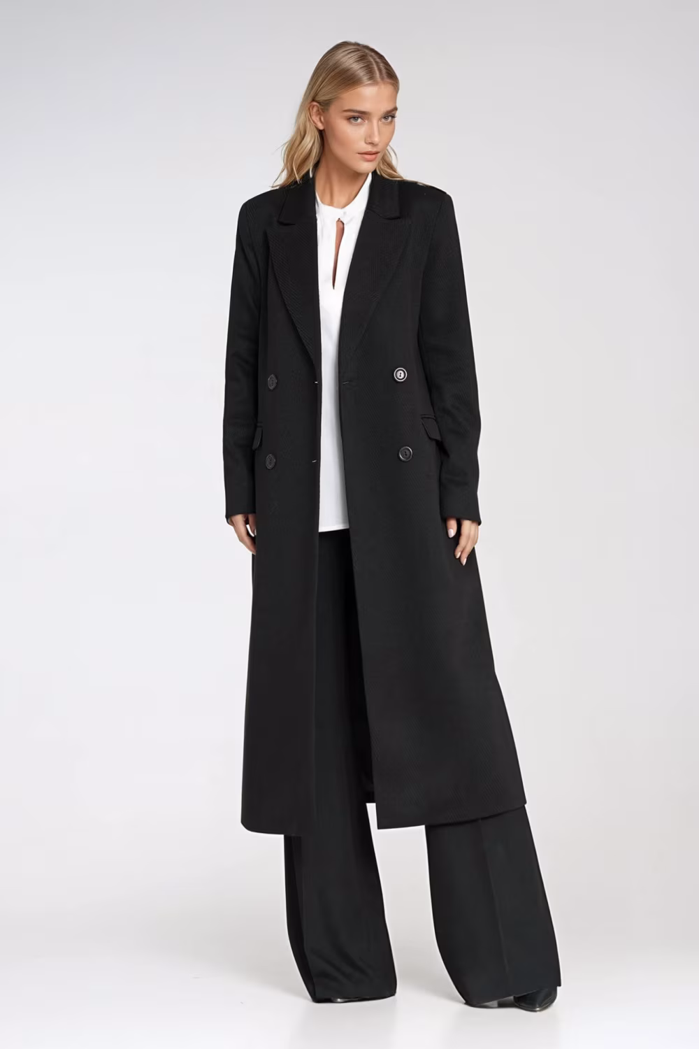 Elegancki płaszcz dwurzędowy PL25 Black - Nife