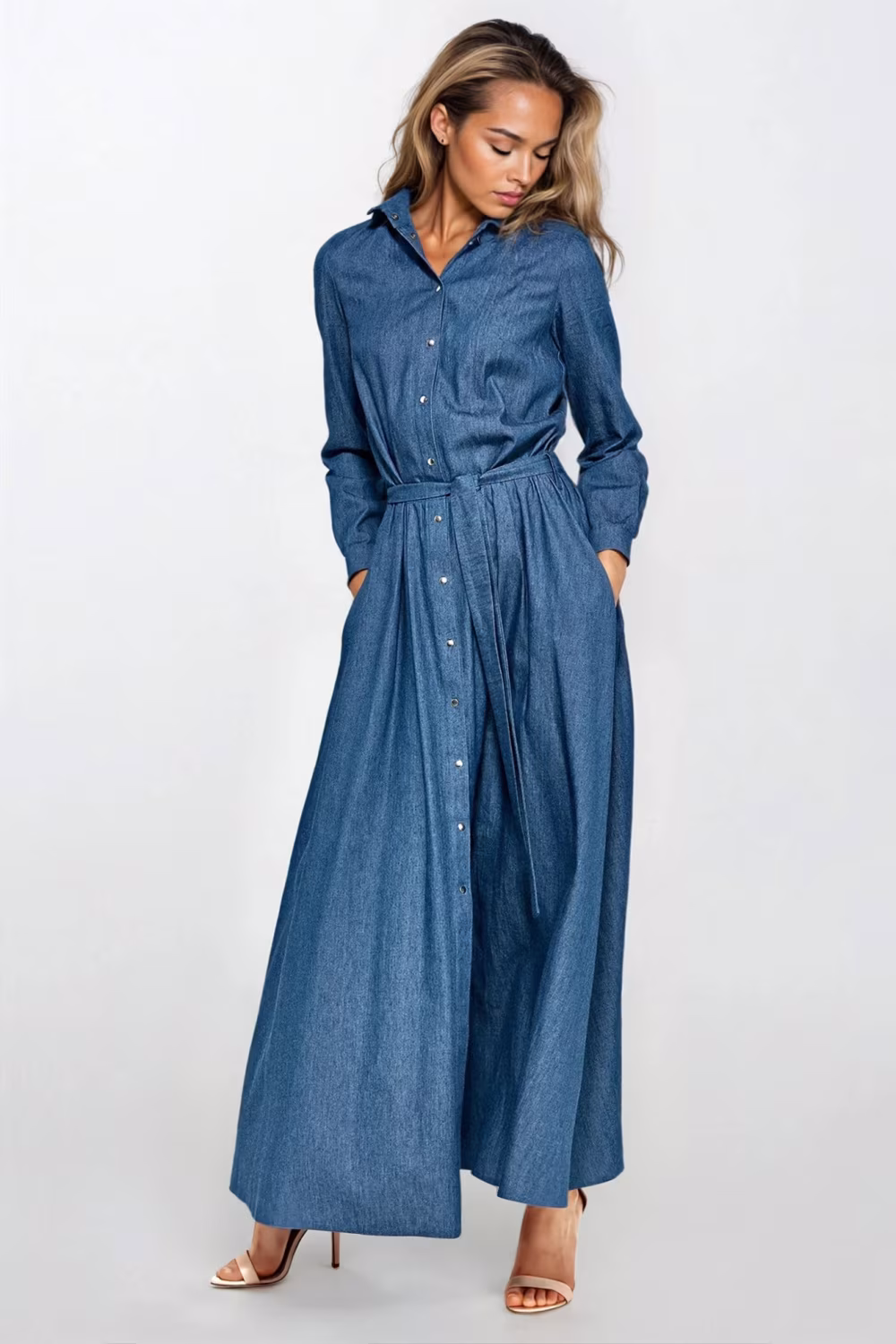 Sukienka Jeansowa sukienka maxi z długim rękawem S249 Jeans - Nife