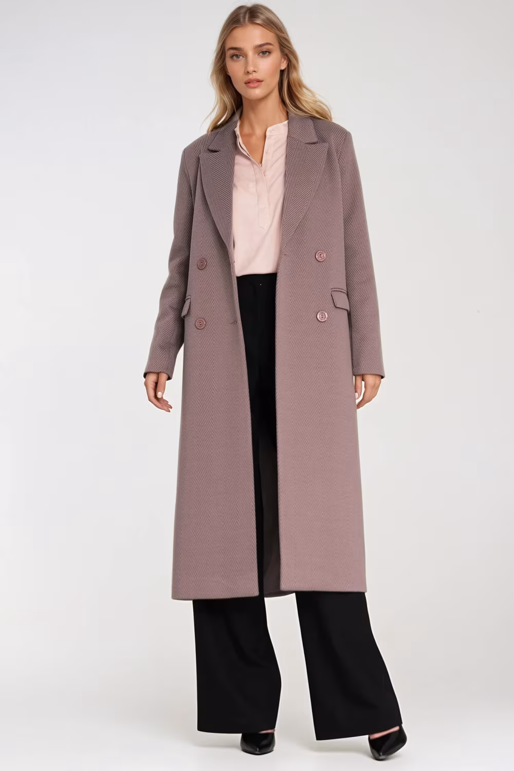 Elegancki płaszcz dwurzędowy PL25 Beige - Nife