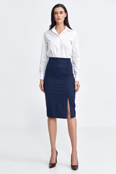 Spódnica ołówkowa z guzikami na boku prążek SP77 Navy - Nife — zdjęcie 2