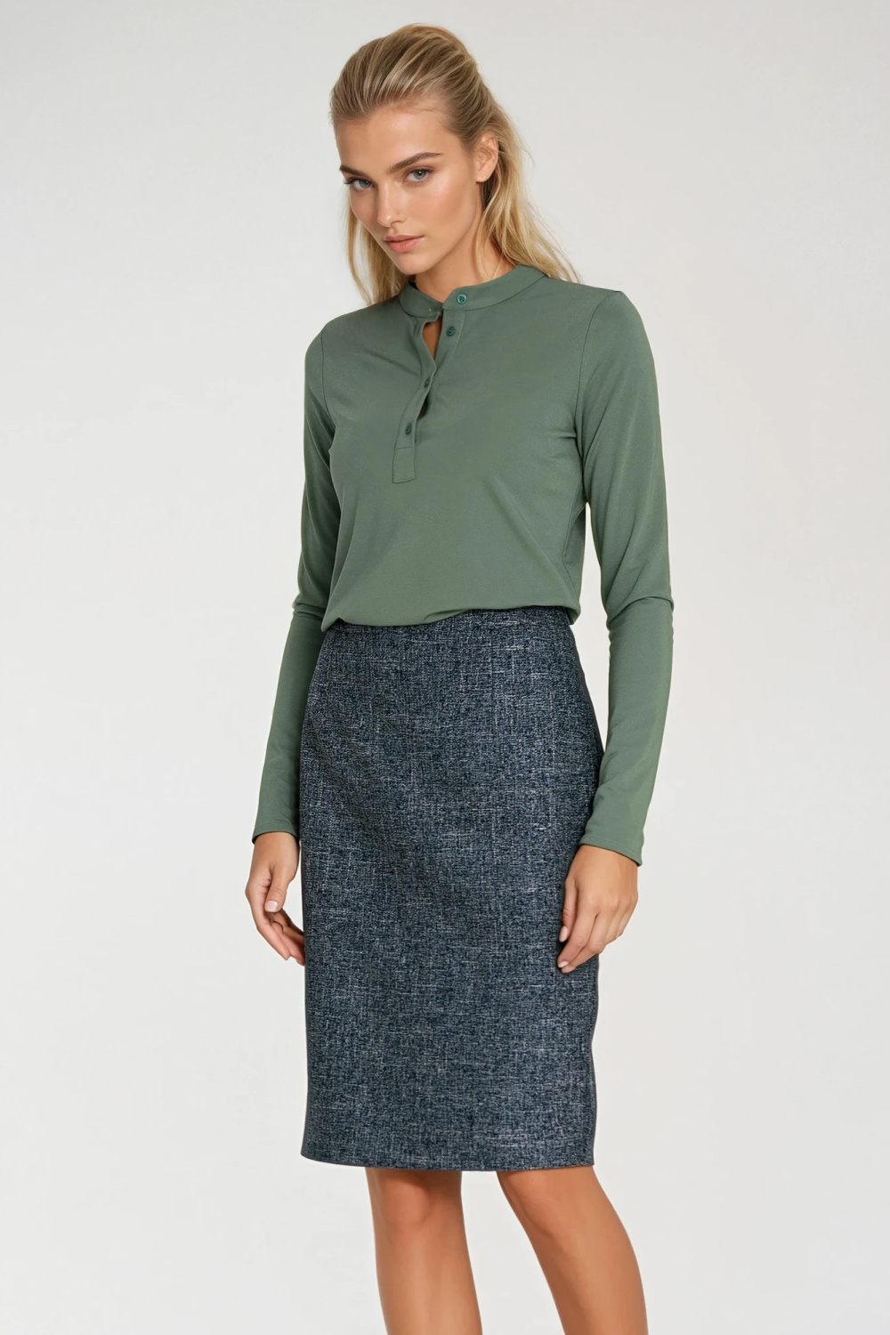 Spódnica Ołówkowa spódnica z dekoracyjnym zamkiem SP85 Navy Melange - Nife