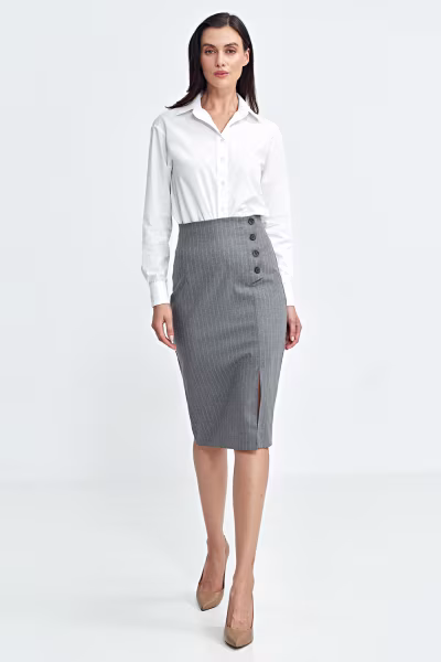 Spódnica ołówkowa z guzikami na boku, prążek SP77 Grey - Nife — zdjęcie 2