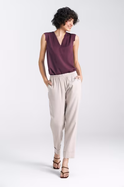 Spodnie lniane z gumką w pasie SD84 Beige - Nife — zdjęcie 2