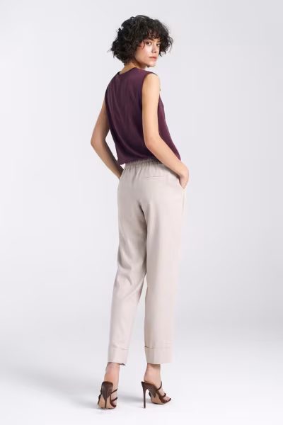 Spodnie lniane z gumką w pasie SD84 Beige - Nife — zdjęcie 3