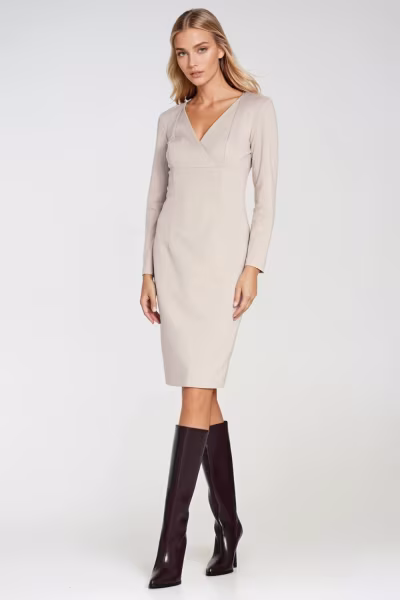 Sukienka z kopertowym dekoltem S276 Beige - Nife — zdjęcie 1