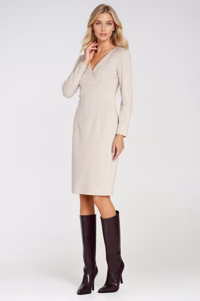 Sukienka z kopertowym dekoltem S276 Beige - Nife — zdjęcie 2
