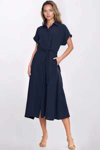 Sukienka Bawełniana muślinowa sukienka koszulowa S269 Navy - Nife — zdjęcie 2