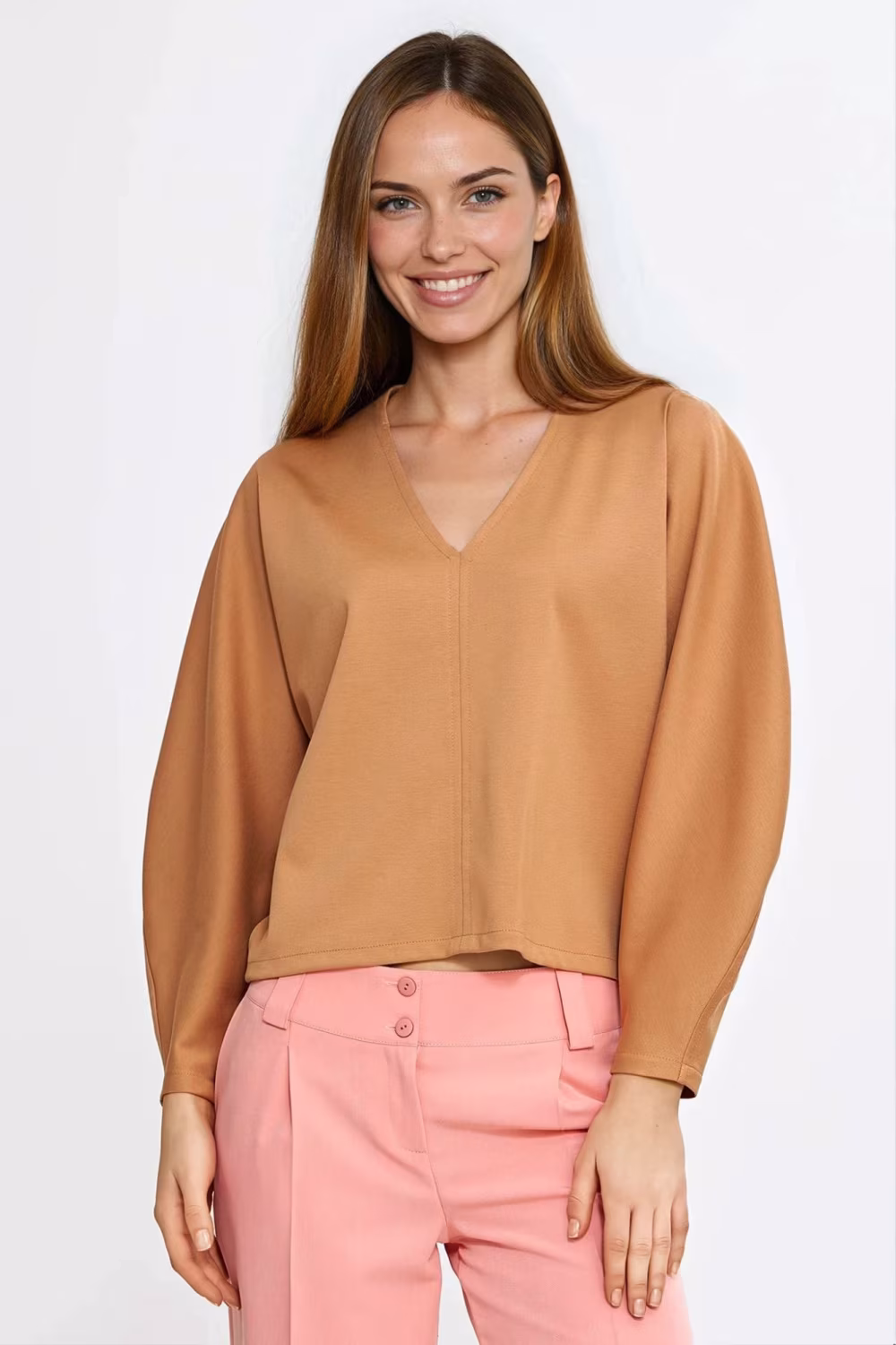 Bluzka oversize z balonowymi rękawami B214 Carmel - Nife