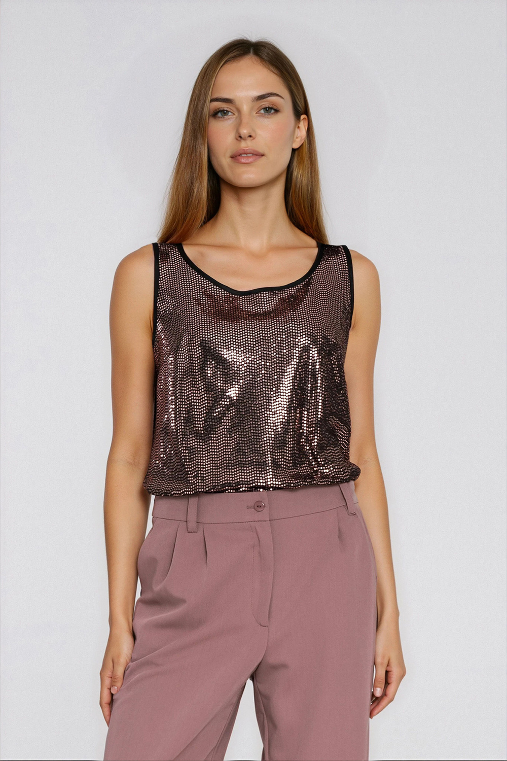 Błyszcząca bluzka na szerokich ramiączkach B219 Miedziany - Nife