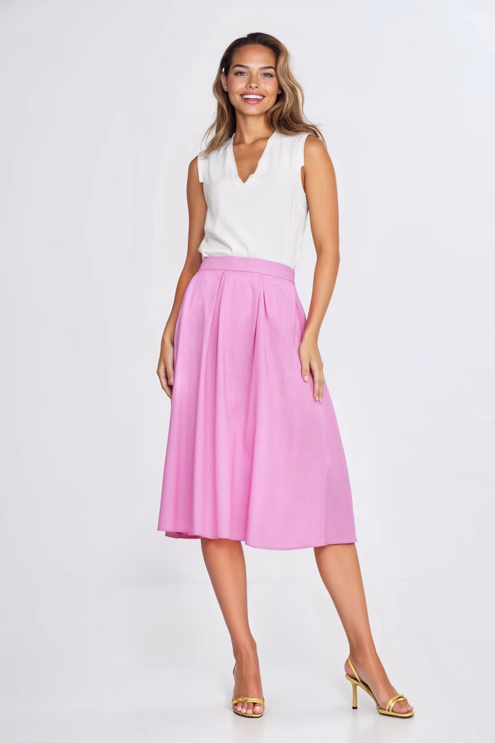Spódnica midi z rayonu z zakładkami SP82 Pink - Nife