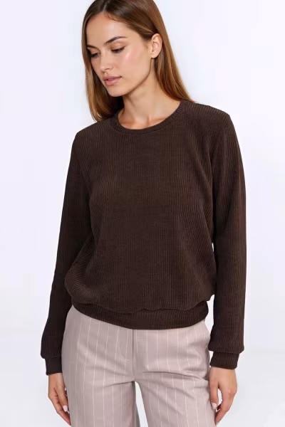 Bluza z dzianiny prążkowanej z długim rękawem BL13 Brown - Nife — zdjęcie 1