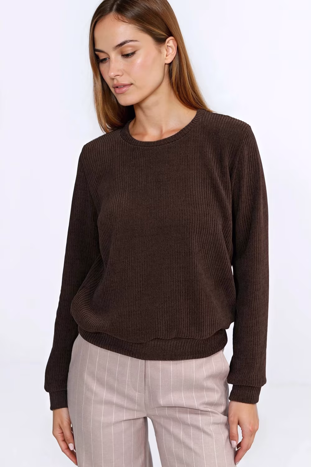 Bluza z dzianiny prążkowanej z długim rękawem BL13 Brown - Nife