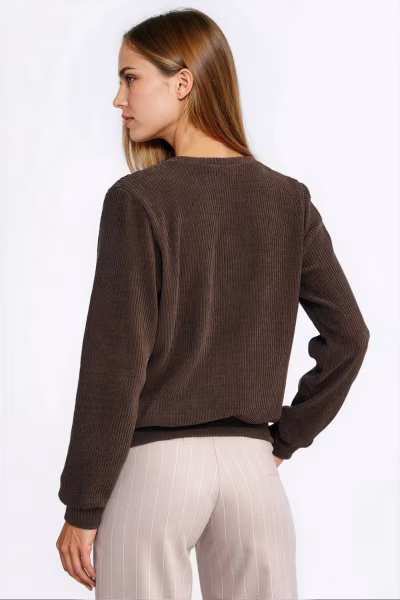 Bluza z dzianiny prążkowanej z długim rękawem BL13 Brown - Nife — zdjęcie 3