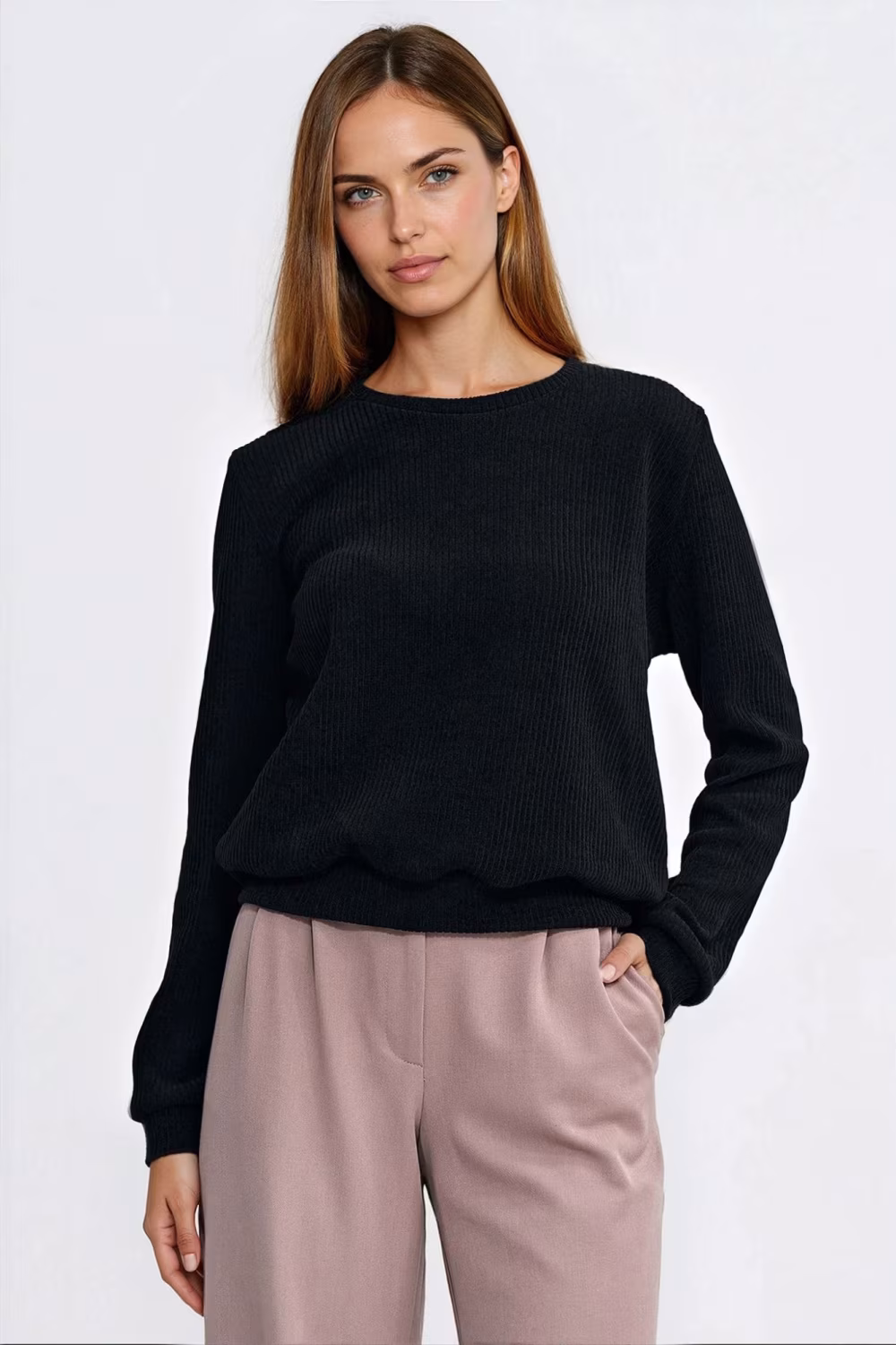 Bluza z dzianiny prążkowanej z długim rękawem BL13 Black - Nife