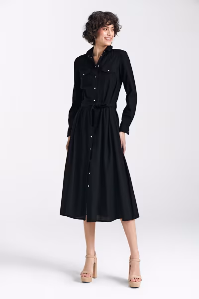 Sukienka lniana zapinana na napy S241 Black - Nife — zdjęcie 2