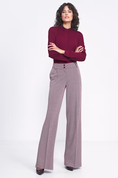 Spodnie wide leg w bordową jodełkę SD82 Bordo - Nife — zdjęcie 1