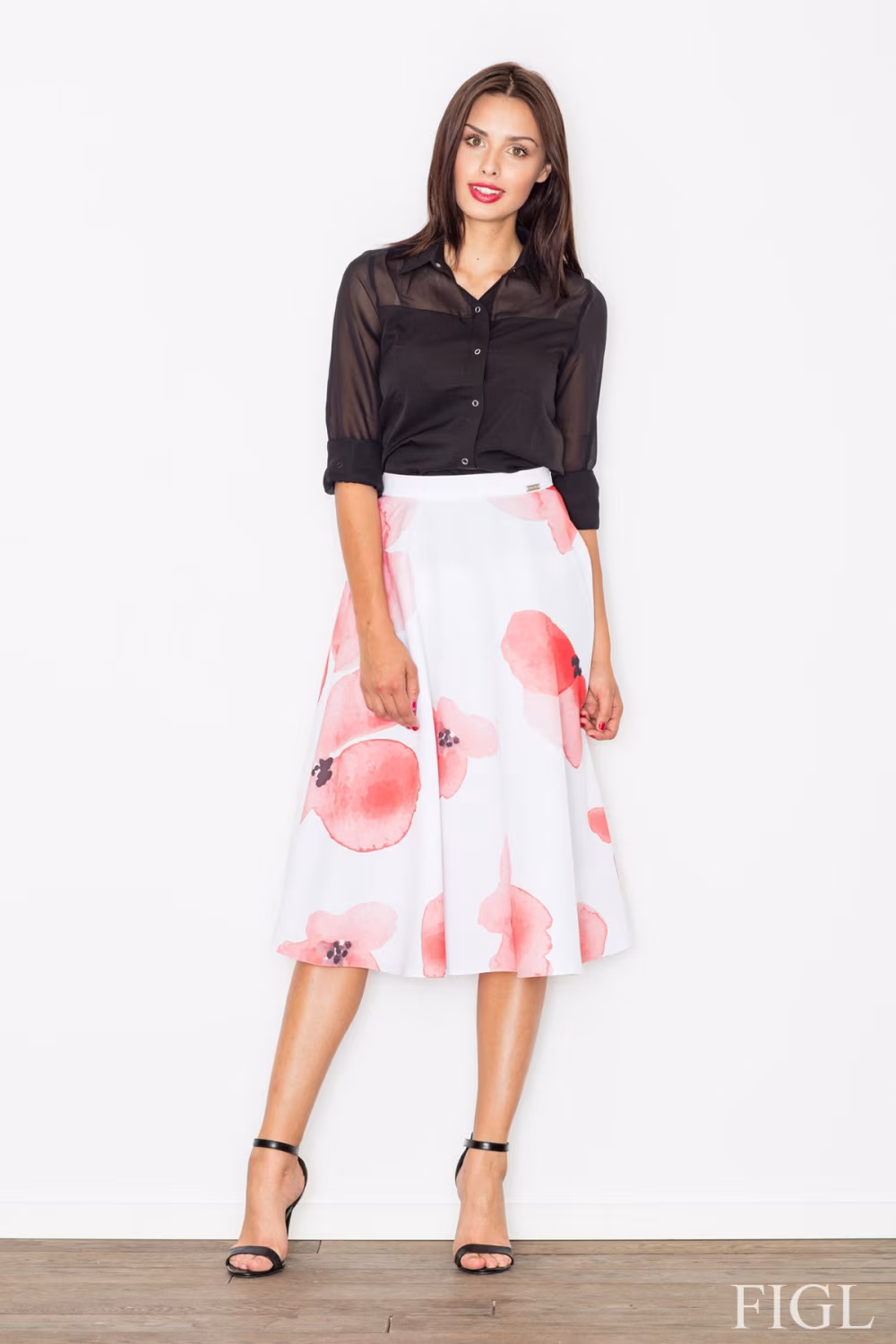 Spódnica Model M495 Wzór 4 White/Kwiaty - Figl