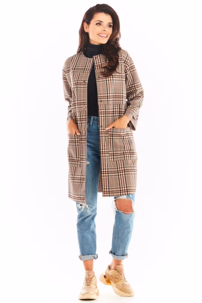 Płaszcz Damski Model A367 Brown Krata - awama — zdjęcie 2