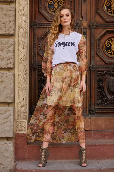 Spódnica Model L19 Green Flowers - Makadamia — zdjęcie 1
