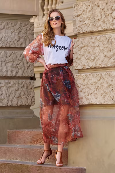 Spódnica Model L19 Bordo Flowers - Makadamia — zdjęcie 1